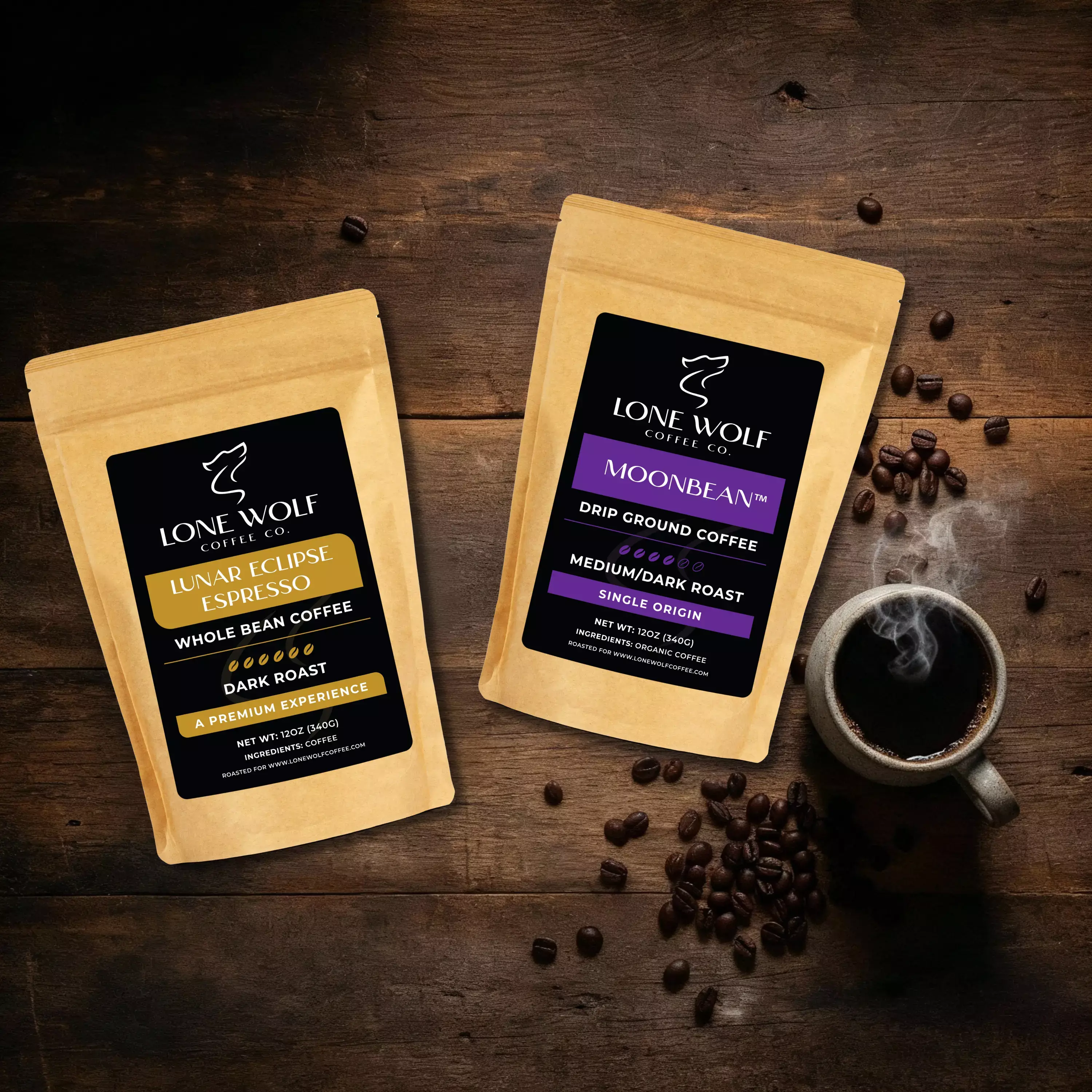 Lone Wolf Coffee Co. whole bean coffee bags on a textured dark background with scattered coffee beans.