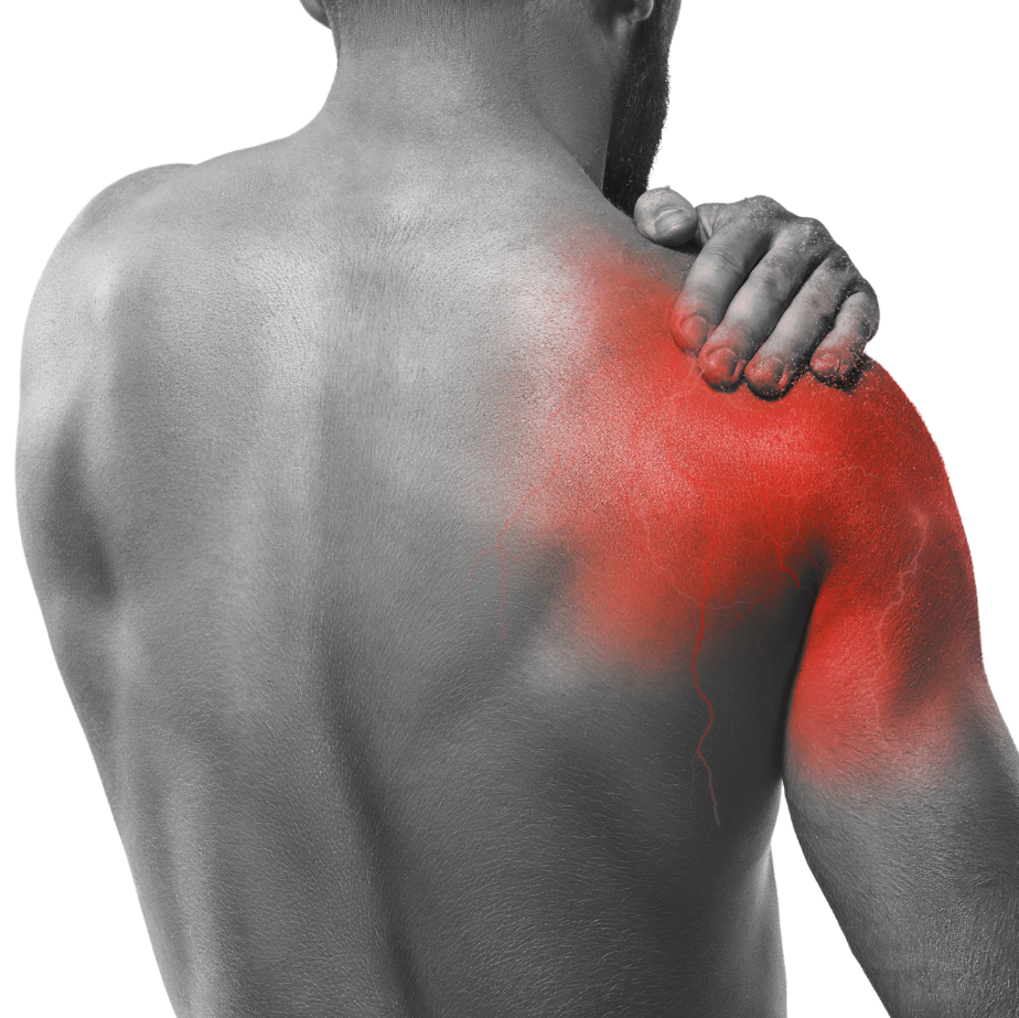 Man's shoulder highlighted red to indicate pain or soreness