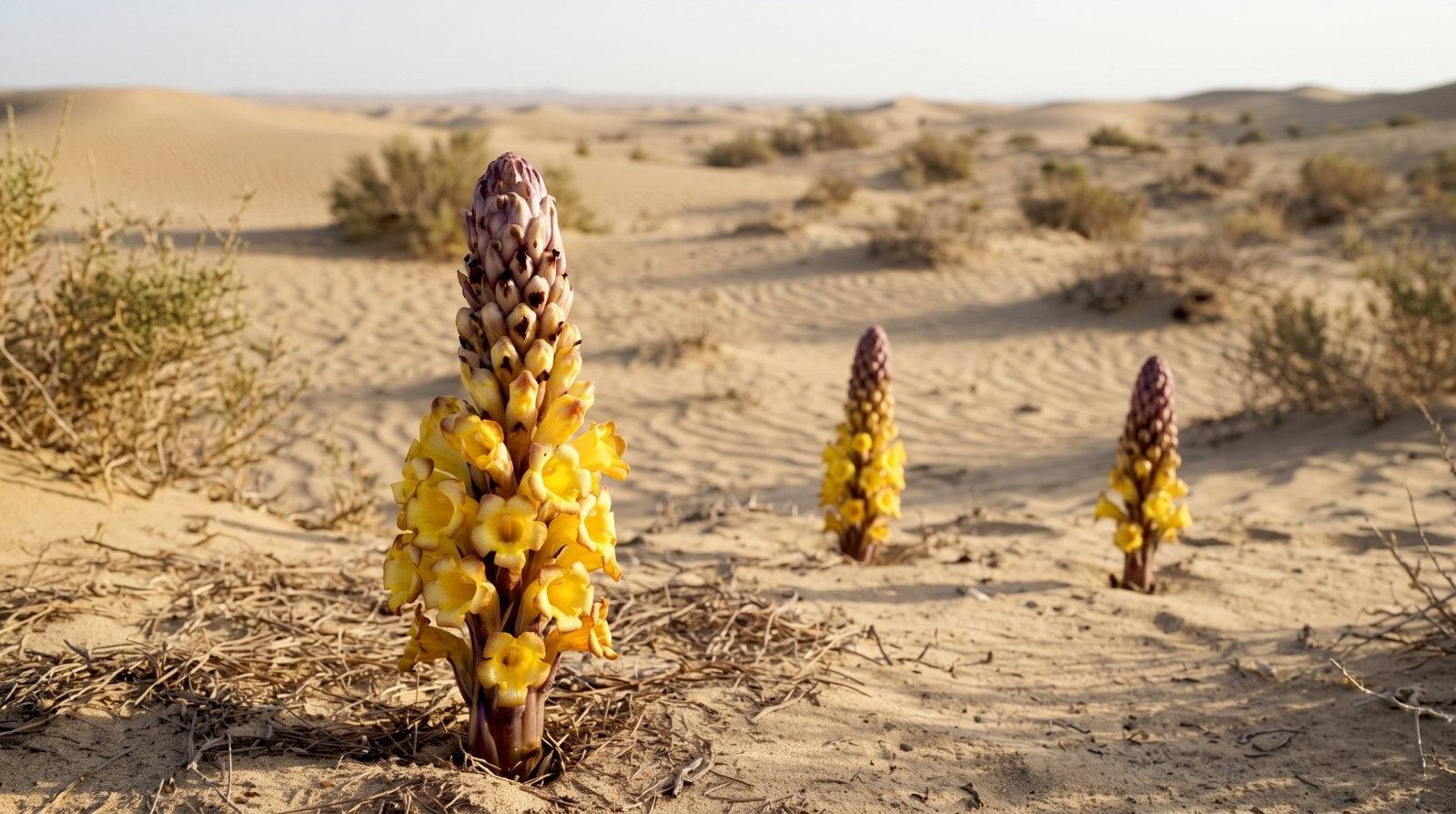 Cistanche plants with golden flower spikes growing from desert sand