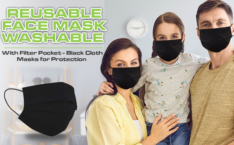 Adult Reusable Face Mask - Washable Black Masks Cover - Breathable Cloth Fabric Protection Shield - Pocket for Disposable Filtration Filters - Nose Mouth Coverings Respirator Facemasks - Pack of [3]