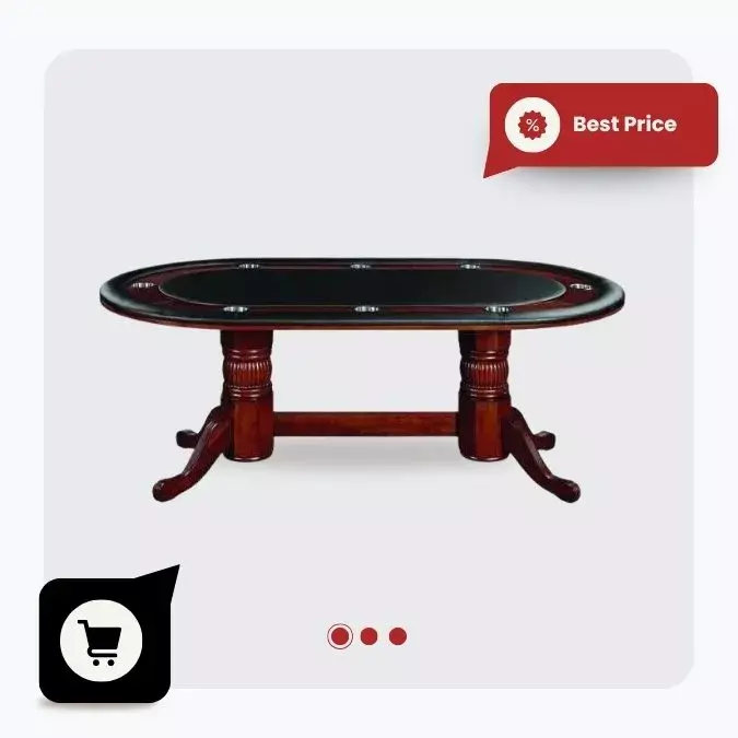 Casino-style oval poker table in mahogany finish with black felt and cup holders for 8 to 10 players