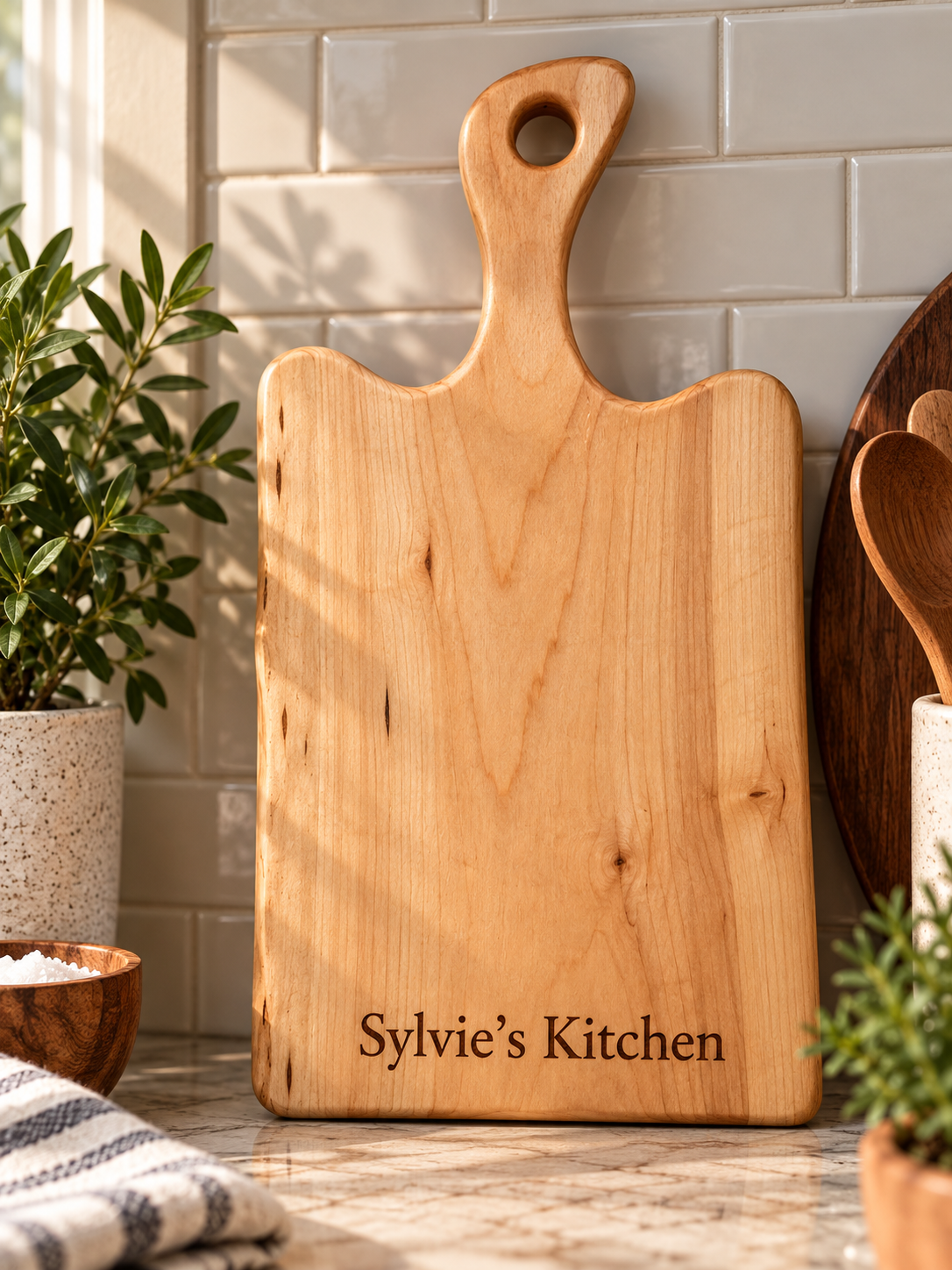 Personalized live edge maple charcuterie board with custom engraved family name