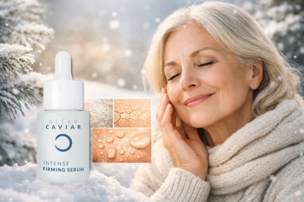 Mature woman with glowing skin gently applying Ocean Caviar Firming Serum in a cozy winter setting. Snowy background emphasizes winter dryness, while the product and close-up skin textures highlight hydration, smoothness, and barrier repair benefits for sensitive, dry skin.