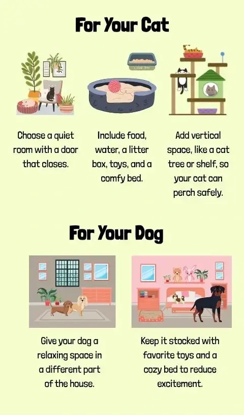 A graphic showing how to create separate spaces between a cat and a dog