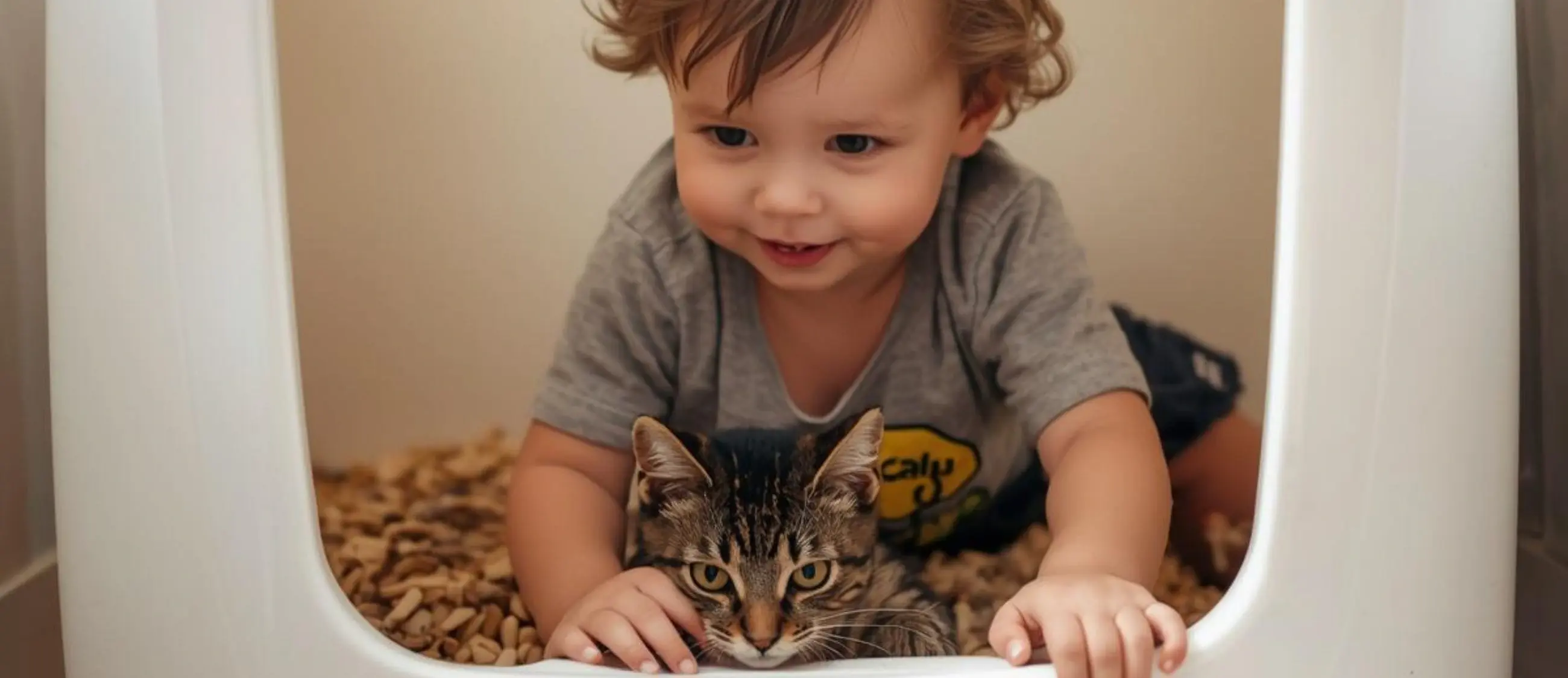 Toddler lying on the floor reaching into a cat litter box while holding a tabby cat, highlighting a common safety concern when trying to keep a toddler out of the litter box.
