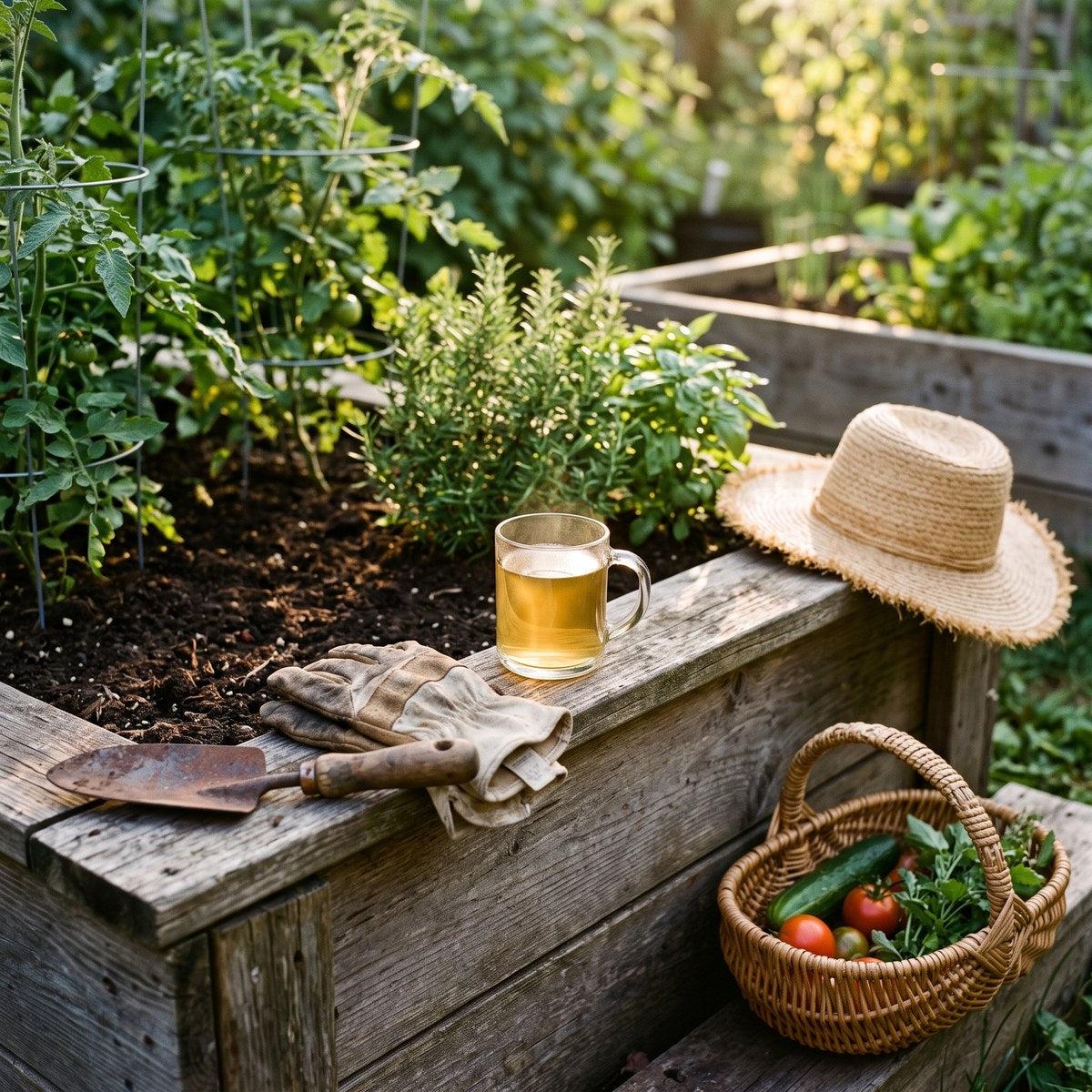 Glass mug of gynostemma tea on a raised garden bed with gardening gloves and fresh vegetables