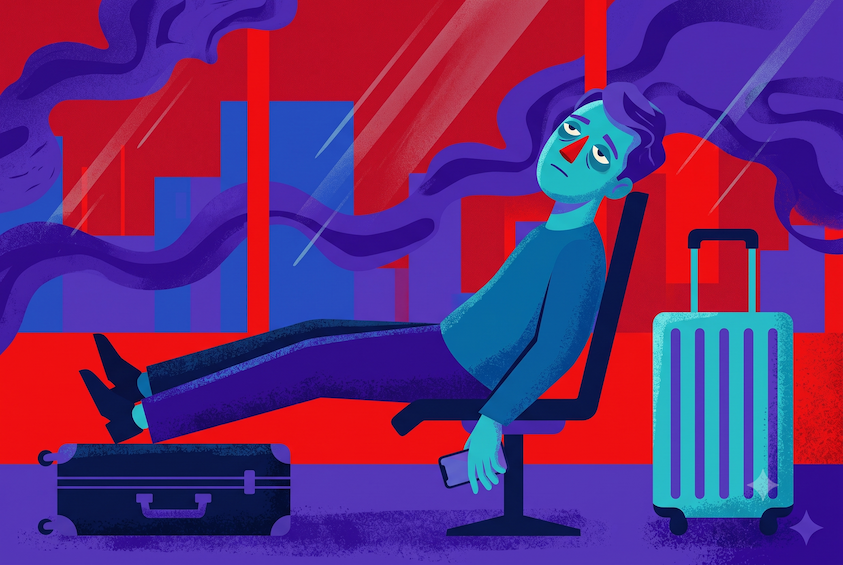 Exhausted traveller slumped awake in an airport chair with feet on a suitcase — what is jet lag.