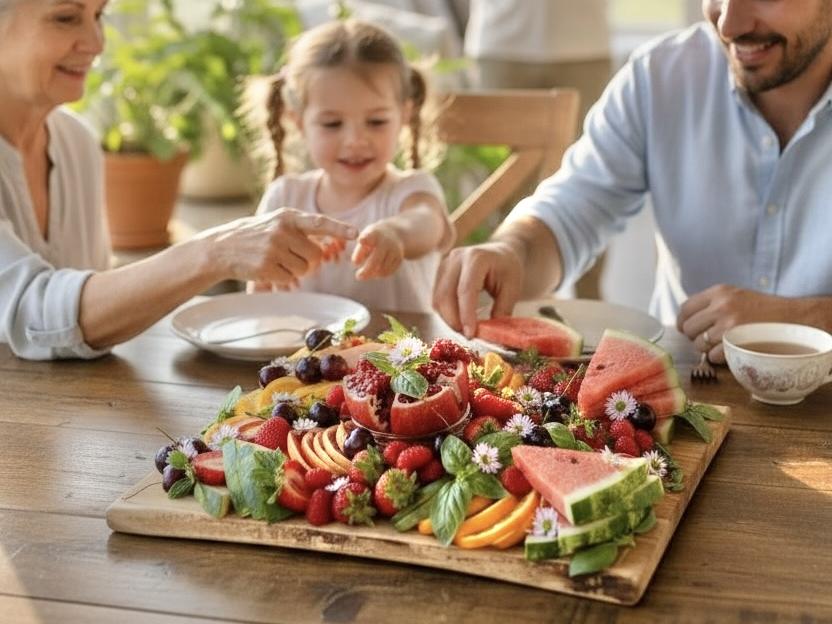 Family enjoying fruit charcuterie board together meaningful wedding gift used during family gathering