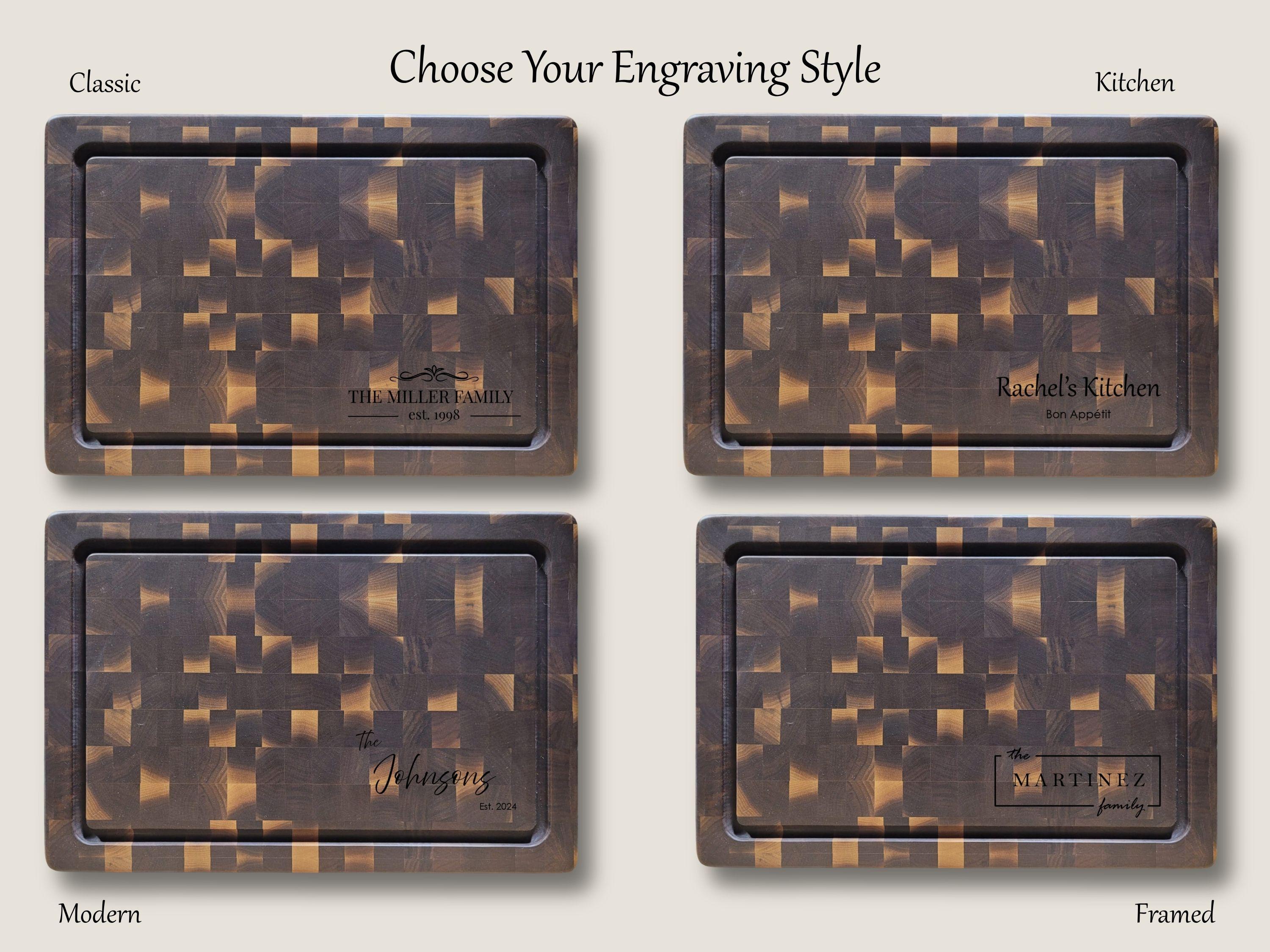 Three engraving style options for personalized live edge walnut charcuterie boards