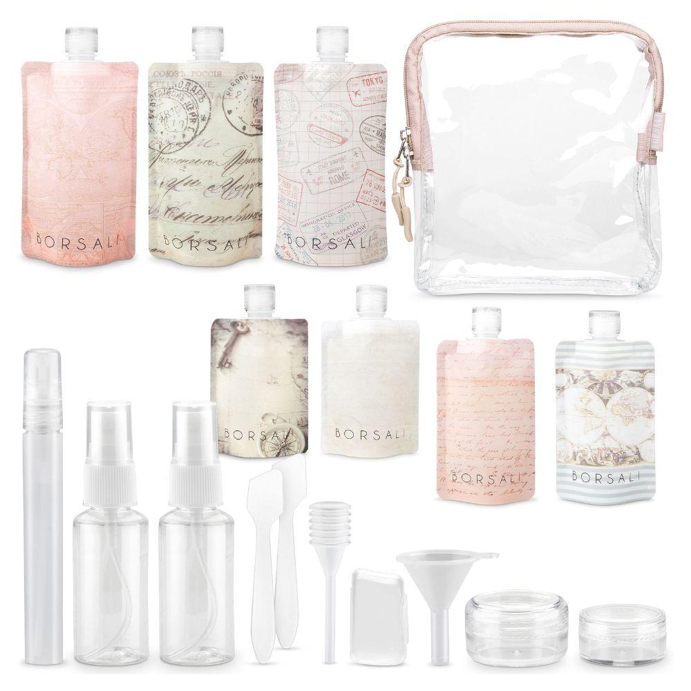 Flat Travel Size Bottles for 3-1-1 Toiletries with TSA Approved Cosmetic Toiletry Bag