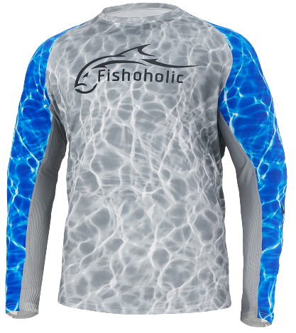 Grey, blue and white Fishoholic UPF50+ performance shirt with long sleeves
