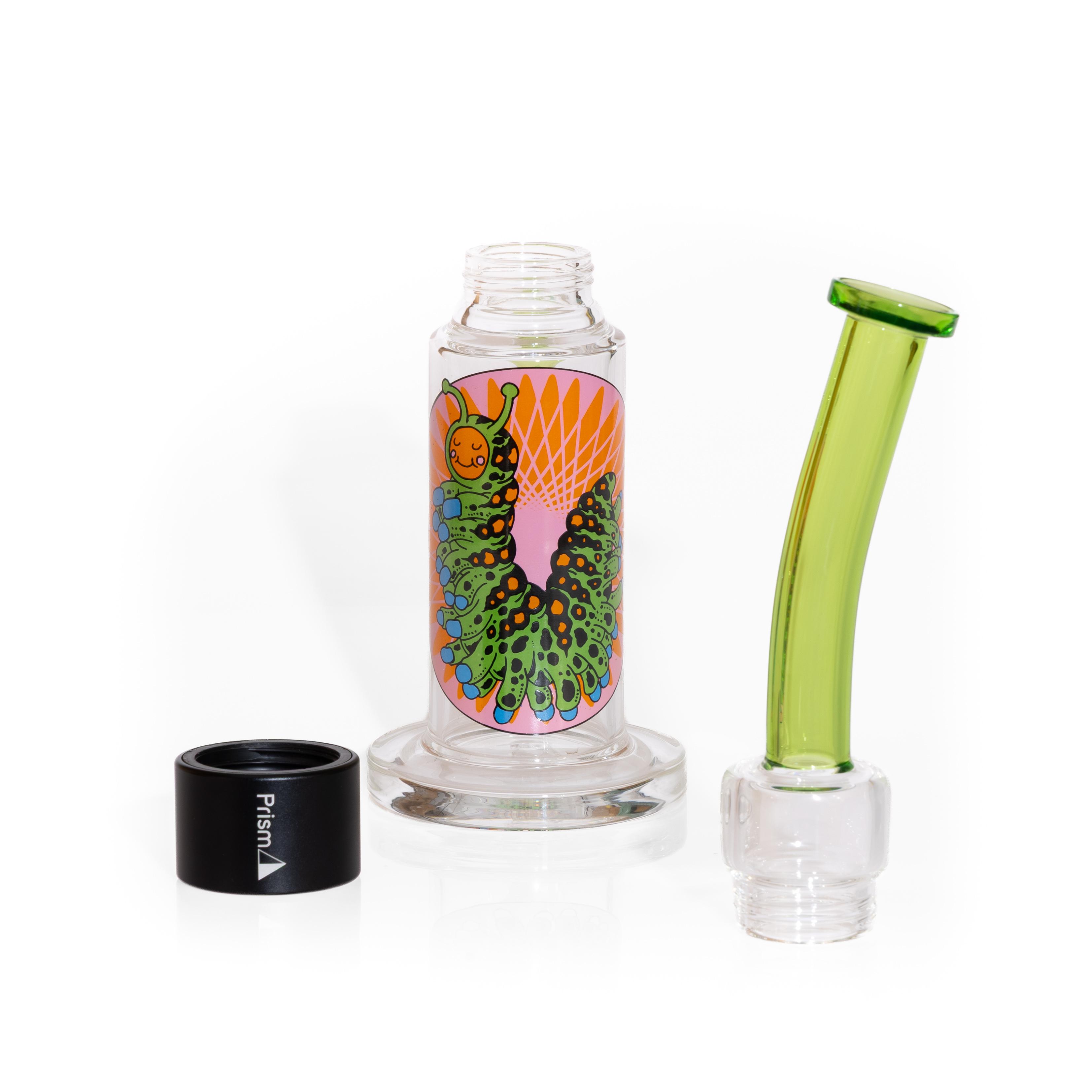 An image of a disassembled Prism Popular bong setup with the New Pond Life decal on a honeycomb base with a green bent mouthpiece