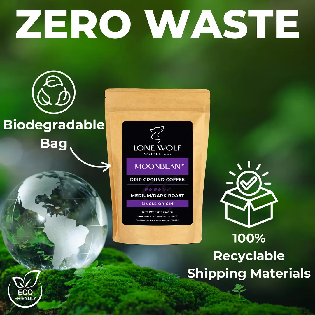 Lone Wolf Coffee Moonbean Drip Ground bag shown with biodegradable packaging and 100% recyclable shipping materials in an eco-friendly setting.