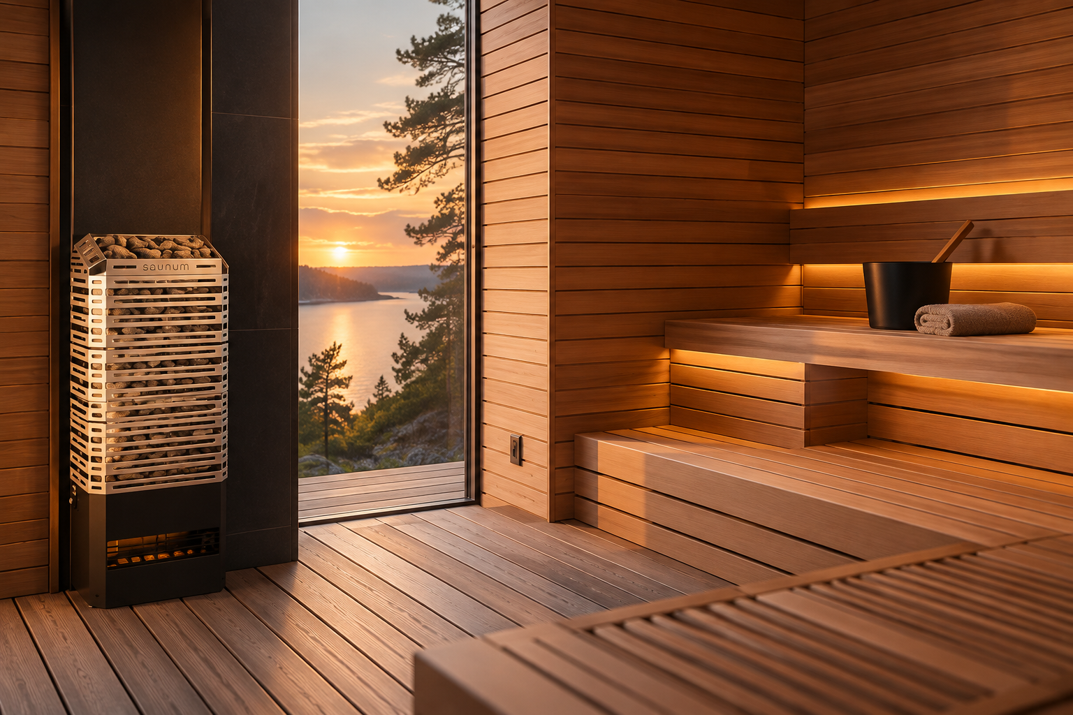 Modern residential sauna with an electric sauna heater, warm wood interior, and sunset lake view