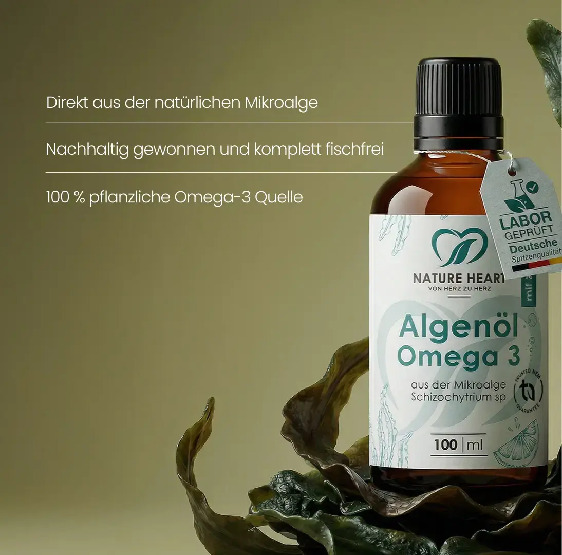 Nature Heart Algenöl Omega 3 mit 100 ml aus der Mikroalge Schizochytrium sp – nachhaltig gewonnen, fischfrei und 100 % pflanzlich