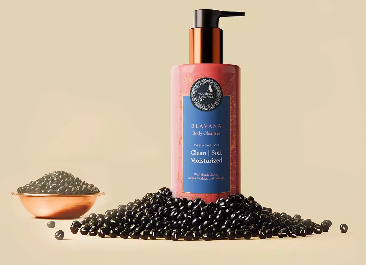 1. The image Shows a blavana bottle placed among the pile of black grams.