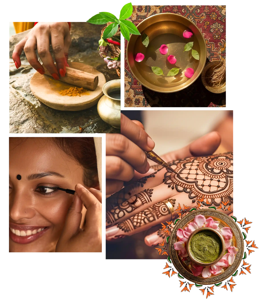 A collage showcasing refreshing splash of rose water, Henna, or mehndi being applied on hands and kohl