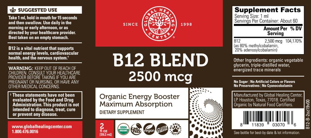 Global Healing B12 Blend 2500mcg Bottle 2oz Label