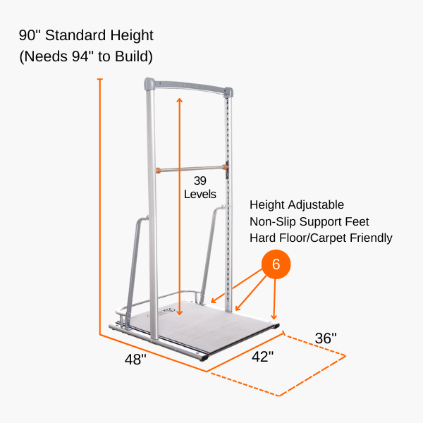 Mobile Specifications for freestanding adjustable height pull up bar bodyweight training equipment and dip station by solo strength
