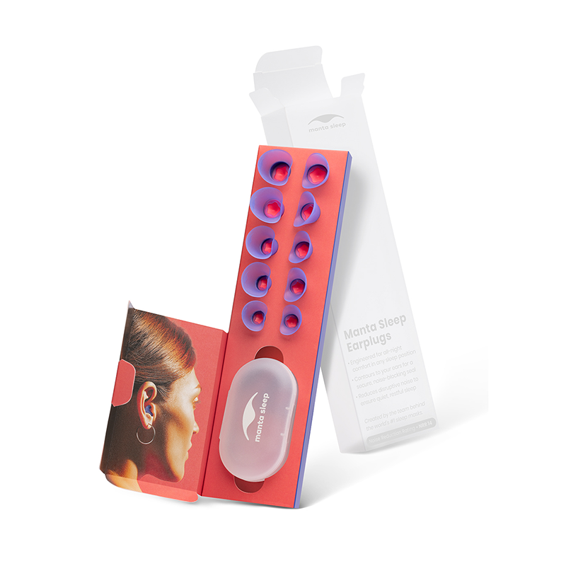 A set of five earplugs for sleep in different sizes and a clear storage case in their packaging.