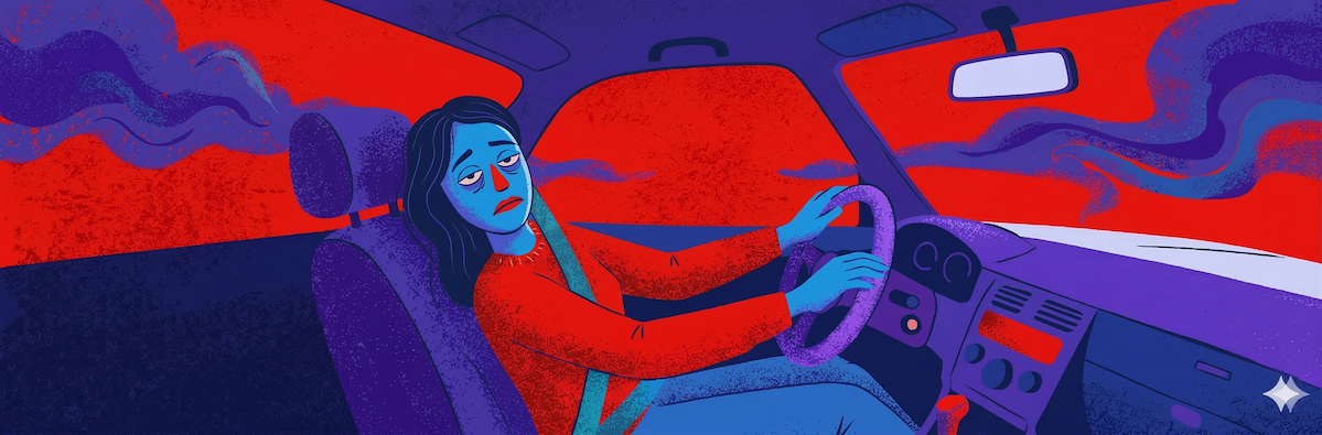 A woman driving a car. She is drowsy due to insomnia.