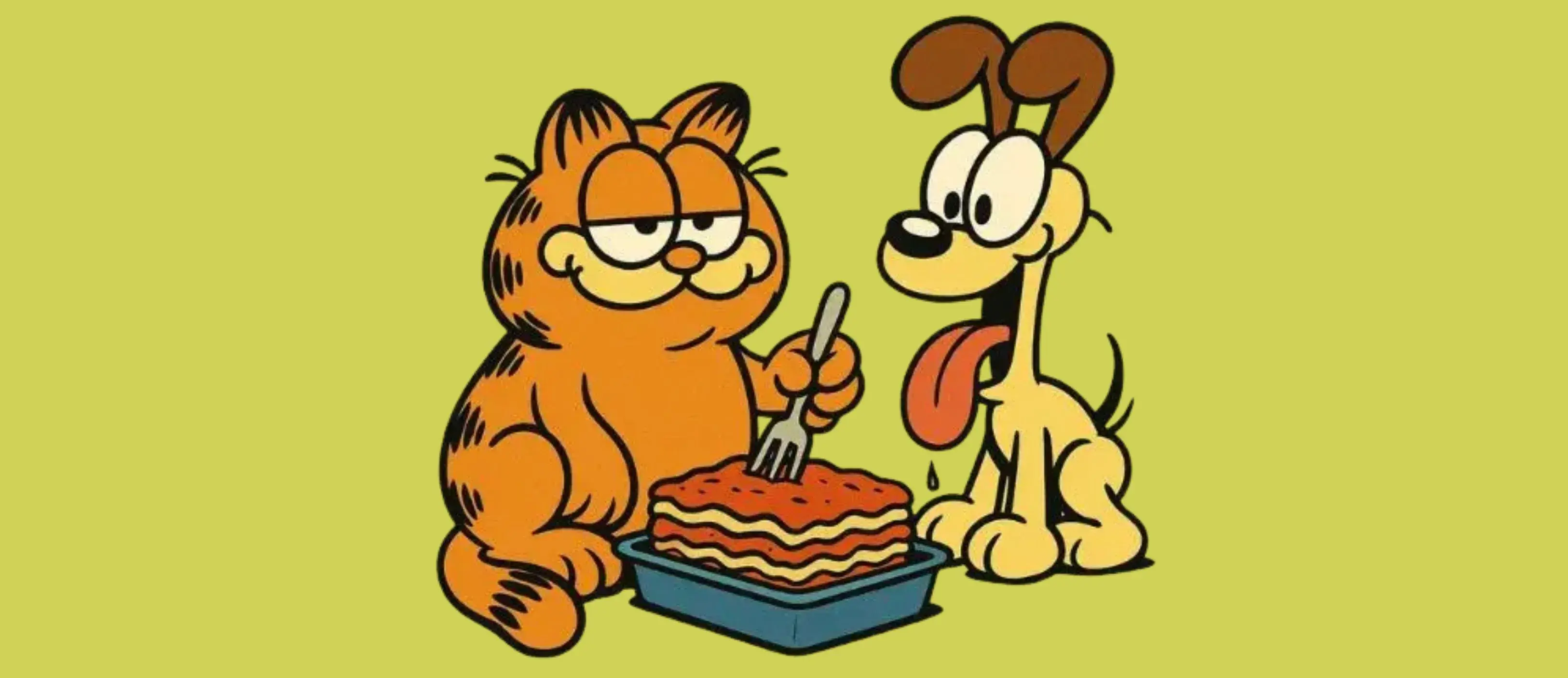 Garfield and Odie eating lasagne