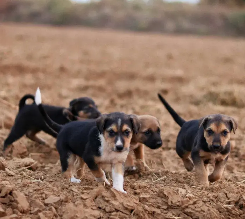 Four German Shorthaired Pointer puppies joyfully running through lush green grass on a sunny day.