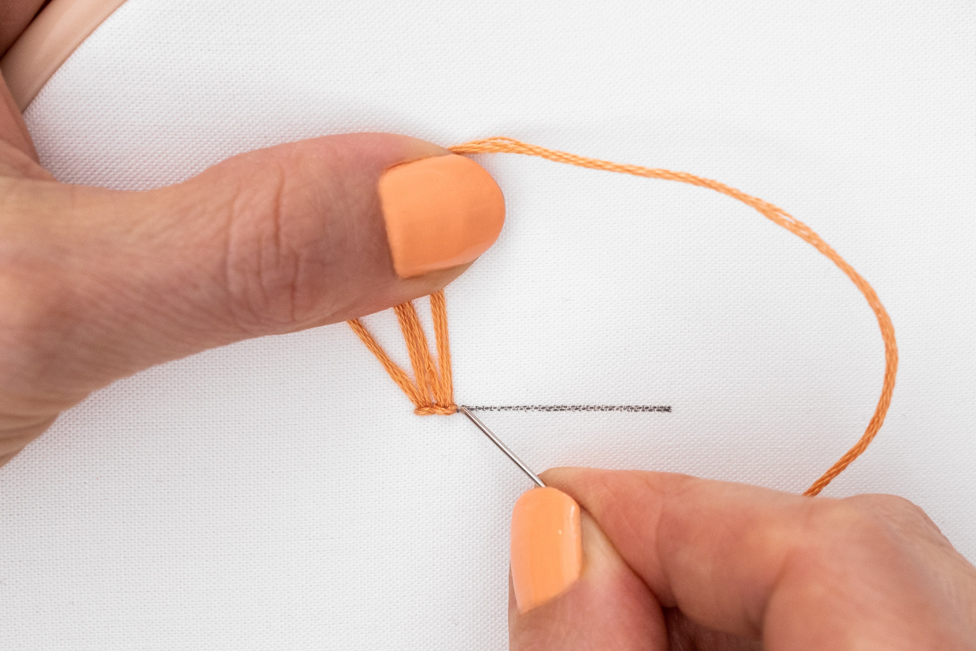 A needle is bought down into the cotton fabric.