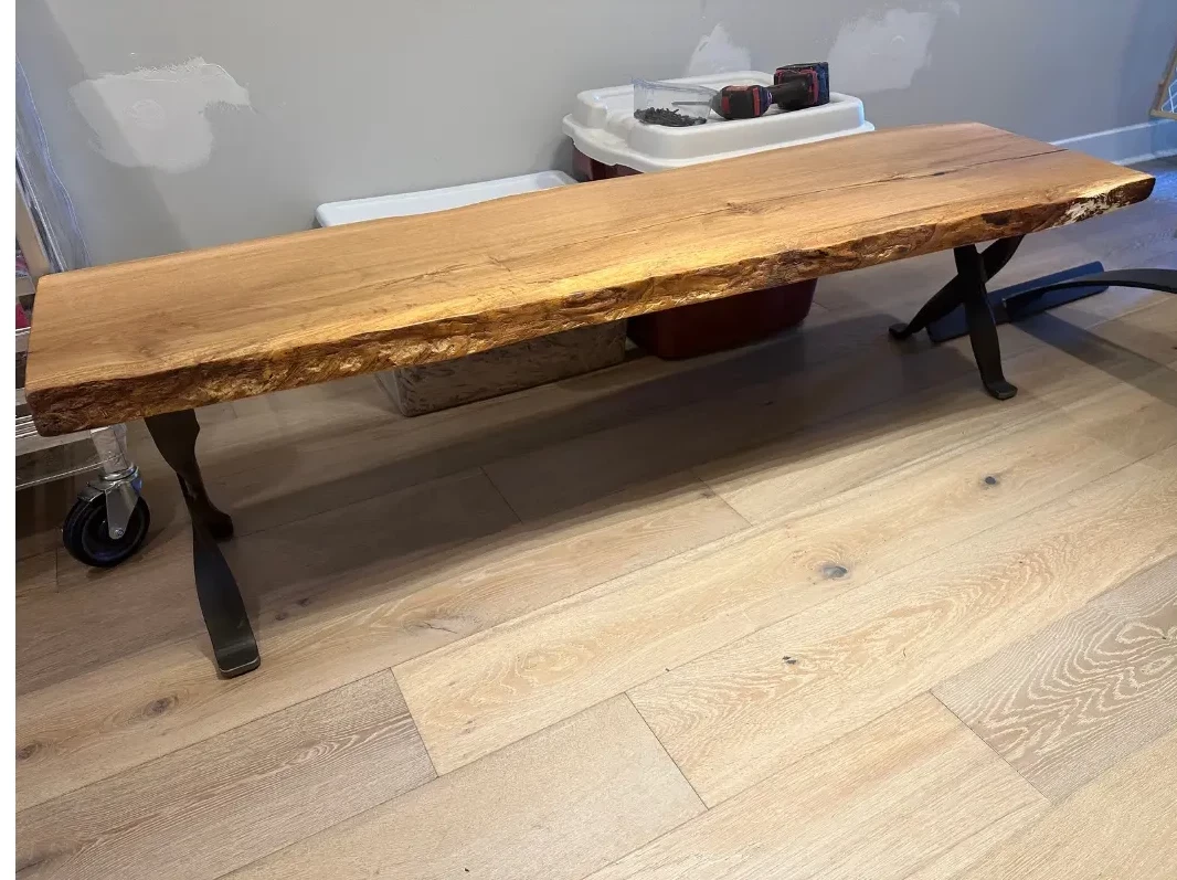 live edge oak bench with twisted X base