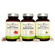 Bottles of Herbal Roots Organic Hawthorn, Organic Saw Palmetto and Organic Mushrooms next to each other