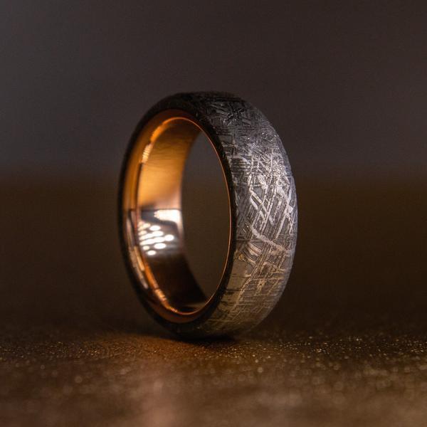 The Meteorite Ring with Real Gold Liner can be made with either Rose Gold or Yellow Gold creating a stunning combination of materials