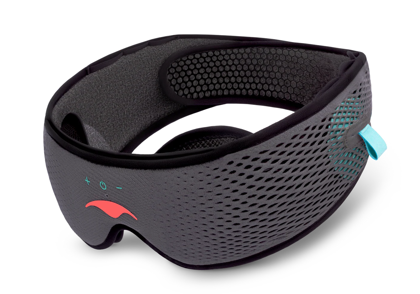 A gray sleep mask with headphones with C-shaped eye cups.