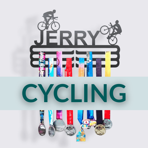 Personalized Cycling Medal Hanger in matte black steel with a custom name — Athlete's Gift Shop