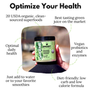 An Organic Pressed Greens jar held by a hand. Text printed all around the image “Optimize your health” “20 USDA organic, clean sourced superfoods” “Best tasting green juice in the market” “Optimal daily health” “Vegan probiotics and enzymes” “Just add to water or to your favorite smoothies” “Diet-friendly: low carb and low calorie formula”