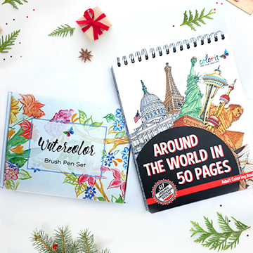 Watercolor Brush Pens Set + Around the World Coloring Book