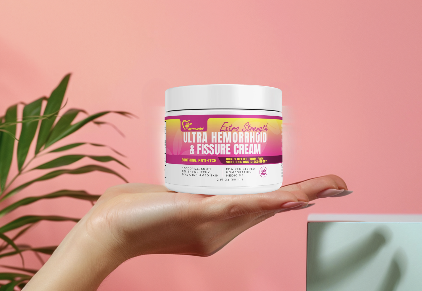 Woman holding a Dermveda Hemorrhoid cream jsr