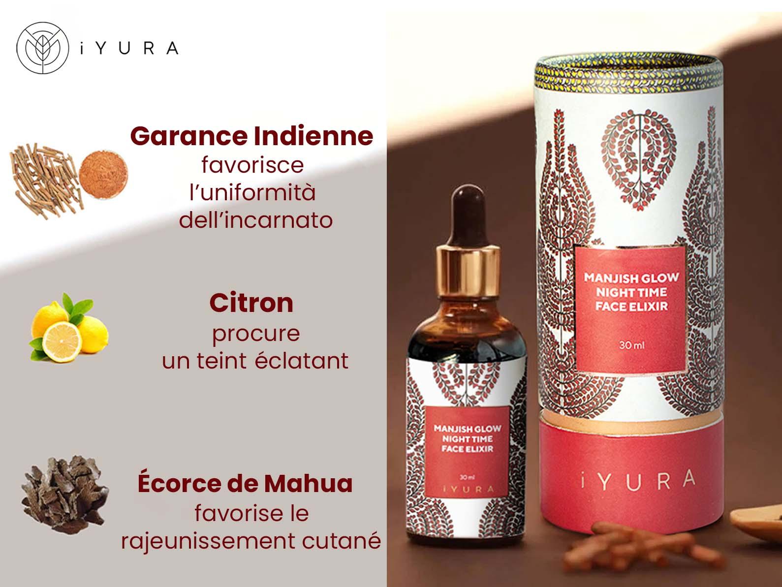 3 Key Ingredients: Indian Madder - gives you clear-looking skin; Lemon - gives you a brightened complexion & Butter Tree Bark - promotes a youthful appearance shown with a bottle of iYURA Manjish Glow Elixir