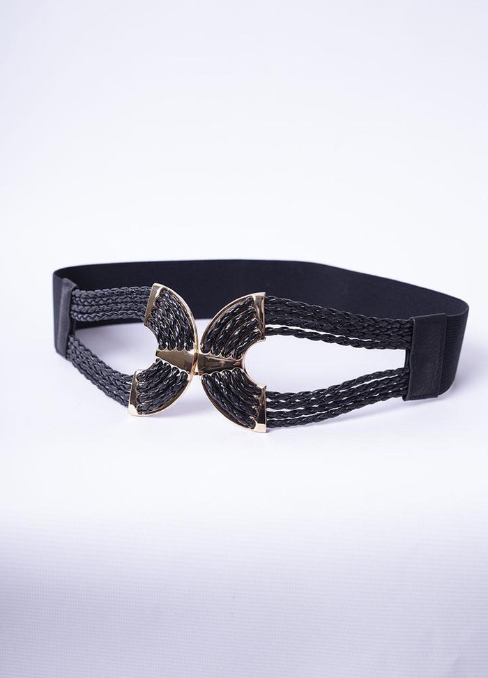 Gold Braided Elastic Waist Belt in Black