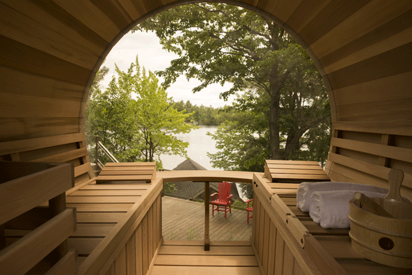 Image of a sauna window showing off the view in an outdoor home sauna.