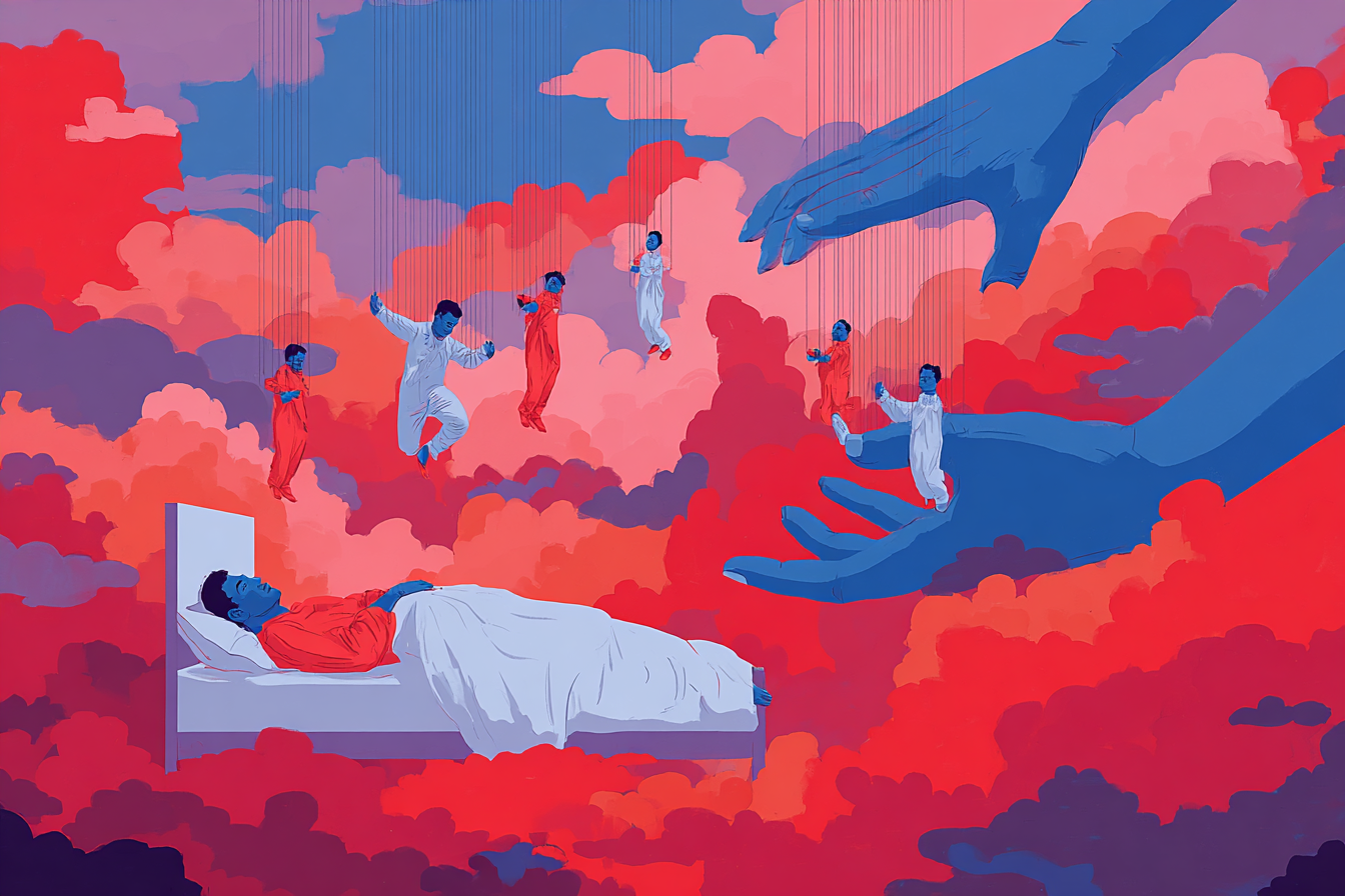 A sleeping man who is lucid dreaming. Above him are two hands holding marionettes signifying control over his dream, with other marionettes dangling from the clouds.