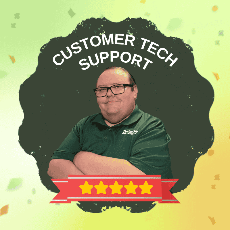 Badge with image of employee and five stars with text 'customer tech support'