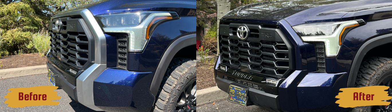 Before and After of Toyota Tundra Chrome Delete Conversion Kit on Front Bumper