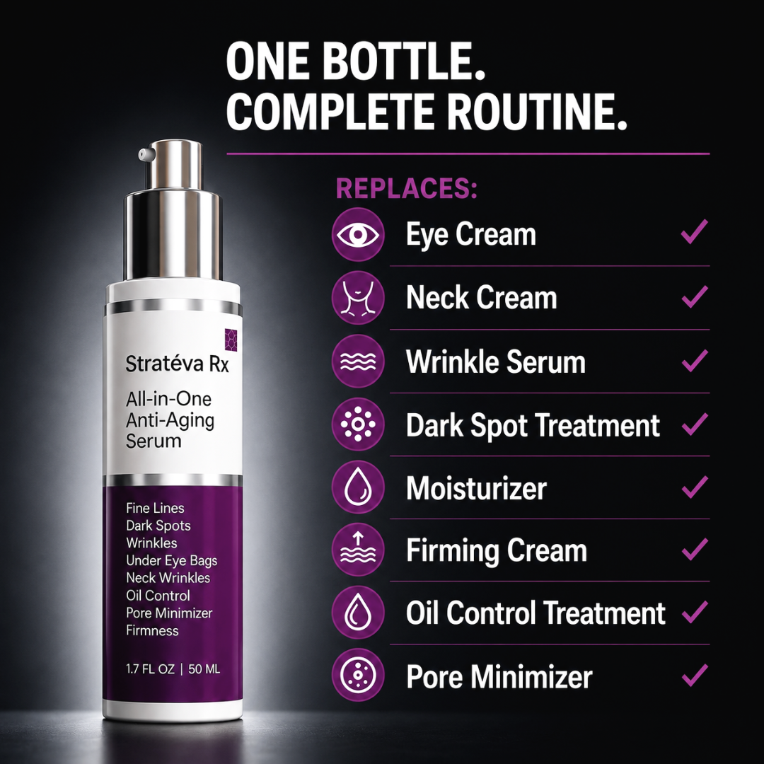 One bottle complete routine image, replaces eye cream neck cream, wrinkle serum dark spot, moisture, firming