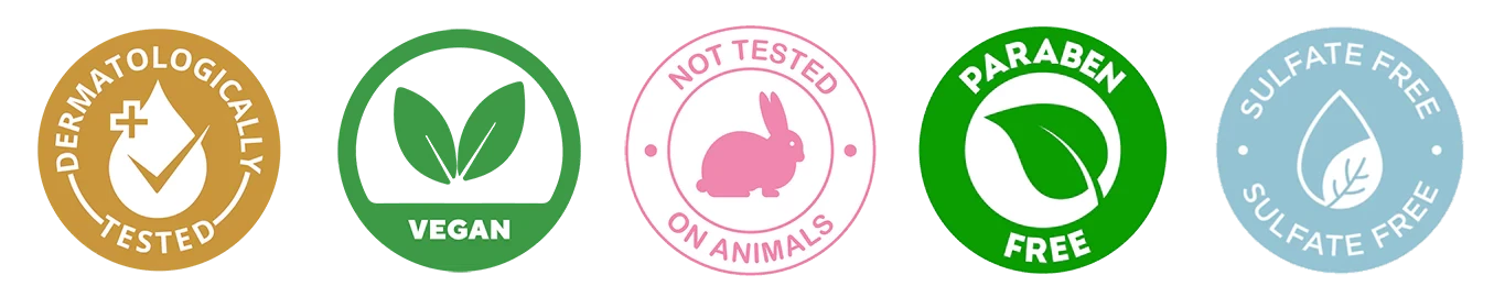 Dermatologically tested, vegan, not tested on animals, paraben free, sulfate free
