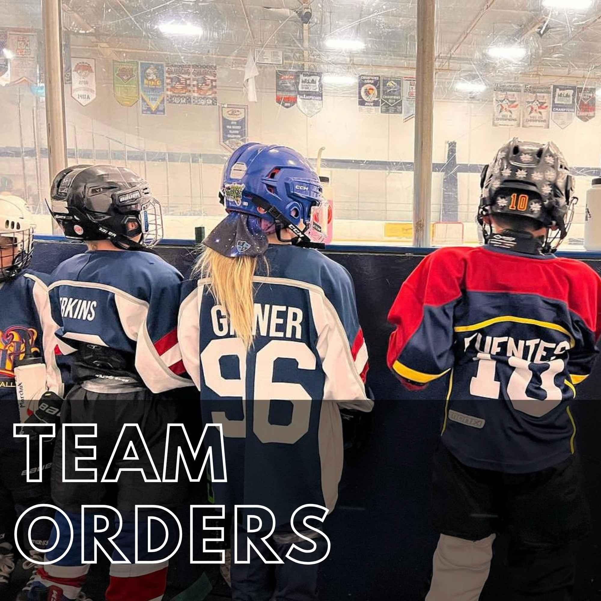 Youth hockey players on the bench during a game for team and tournament orders. Team Orders