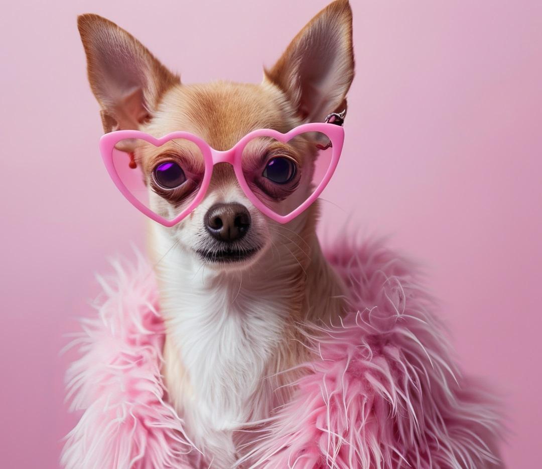 Adorable chihuahua wearing pink heart-shaped sunglasses