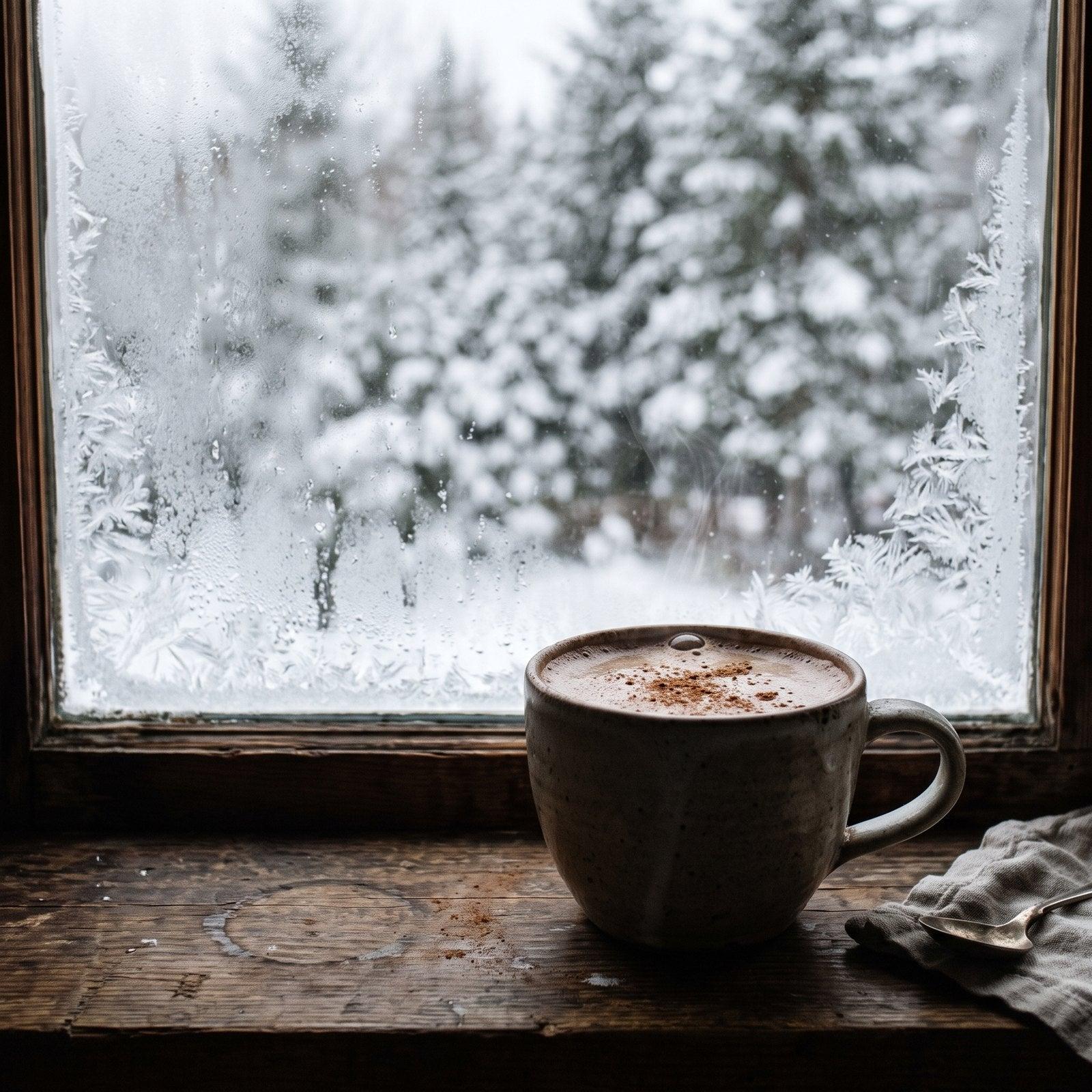 Mug of dark hot cacao with chaga on a frosty windowsill