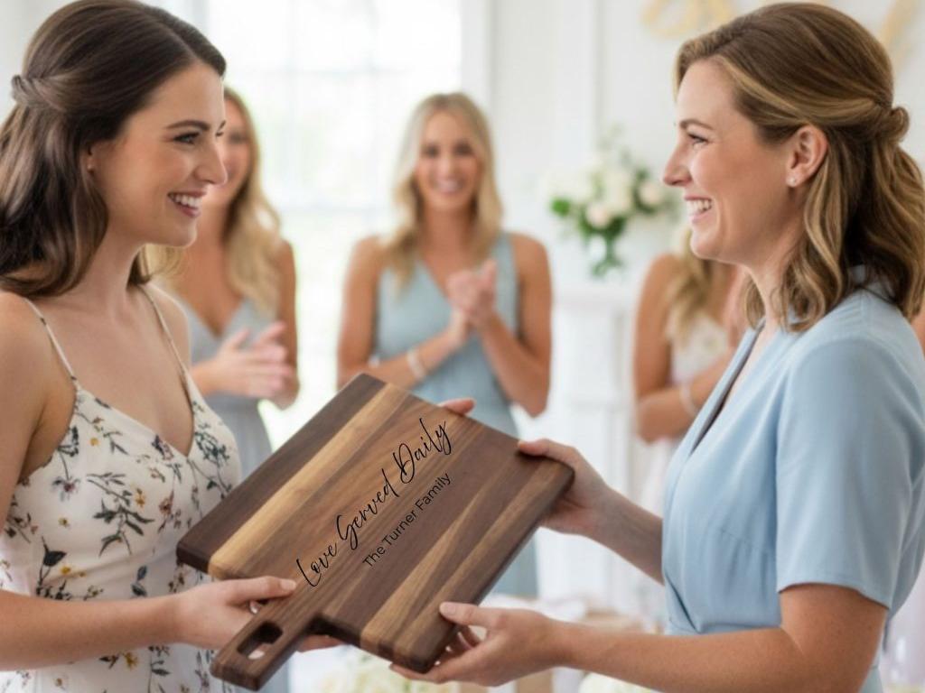 Engraved wooden cutting board wedding gift moment with smiling bride and family