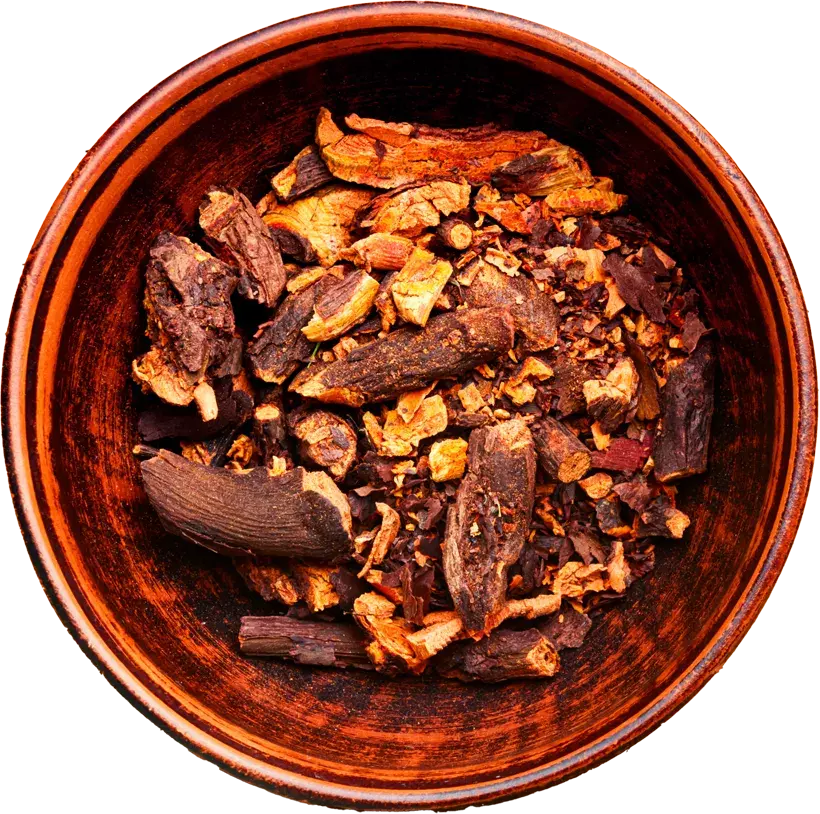 Rubia cordifolia (aka Manjistha) in a bowl
