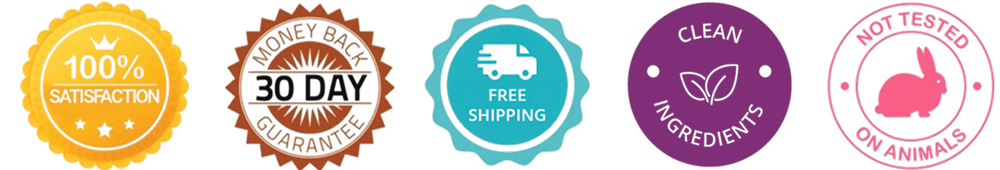 Badges of 100% Satisfaction, 30-day Money back guarantee, clean ingredients, and not tested on animals